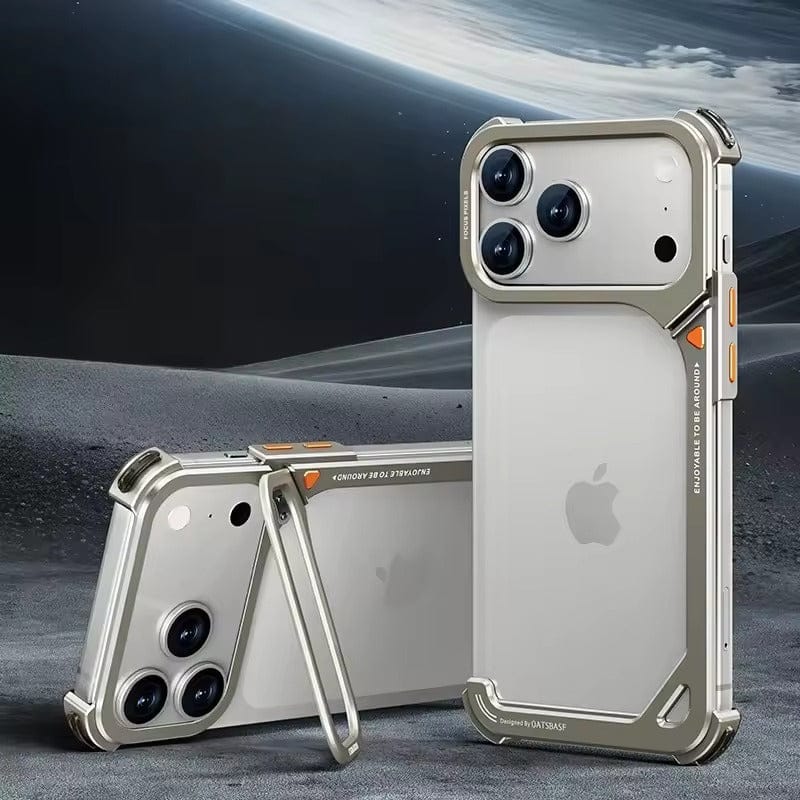 FRATO Aeroflex Metal Silver iPhone 17 Pro max 9-Shaped Frameless Metal Bumper Case with Hidden Lens Stand | Shockproof Aviation-Grade Alloy Frame