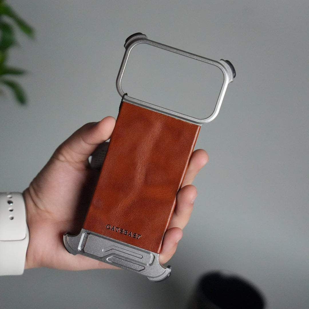 FRATO Aeroflex Metal Silver iPhone 17 Pro Max Magnetic Leather Case | Strong MagSafe + Metal Kickstand | Premium PU Leather Back with Aluminum Bumper Frame