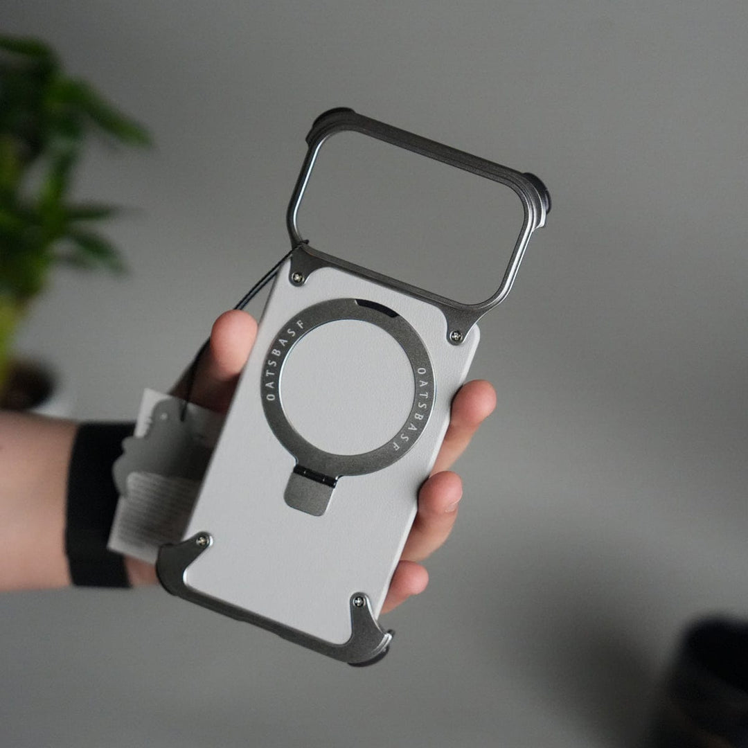 FRATO Aeroflex Metal White iPhone 17 Pro Max Leather Frameless Metal Kickstand Case