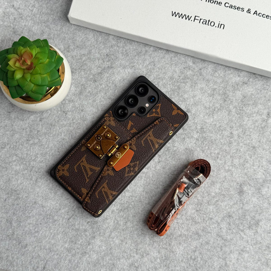 FRATO Designer S25U Samsung Galaxy S25 Ultra Brand Leather Card Holder Slot Lock Sling Cover