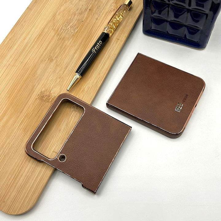 FRATO Flip 3 Collection Brown Samsung Z Flip 3 PU Leather Chrome Plated Side Case Cover