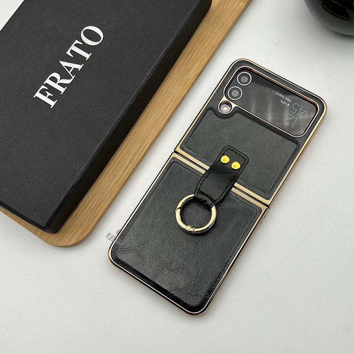 FRATO Flip 4 Collection Black Samsung Galaxy Z Flip 4 Chrome Plated Pu Leather Metal Ring Holder Case Cover