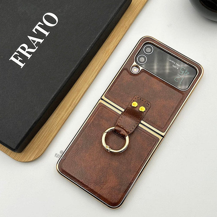 FRATO Flip 4 Collection Brown Samsung Galaxy Z Flip 4 Chrome Plated Pu Leather Metal Ring Holder Case Cover