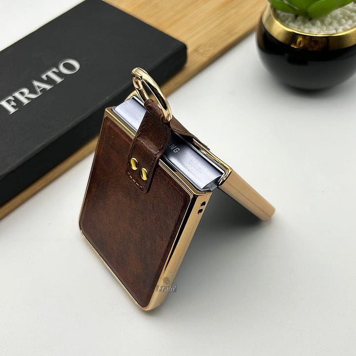FRATO Flip 4 Collection Samsung Galaxy Z Flip 4 Chrome Plated Pu Leather Metal Ring Holder Case Cover