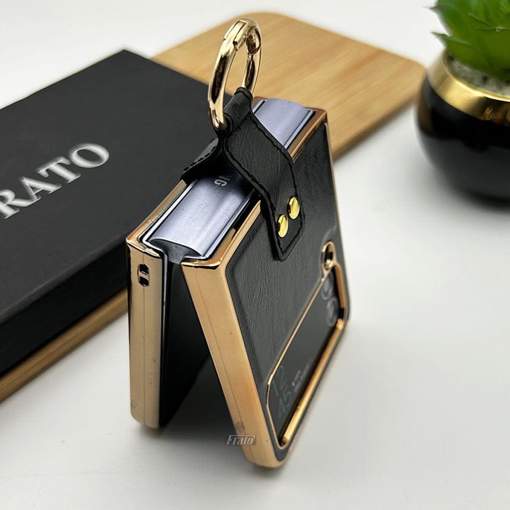 FRATO Flip 4 Collection Samsung Galaxy Z Flip 4 Chrome Plated Pu Leather Metal Ring Holder Case Cover