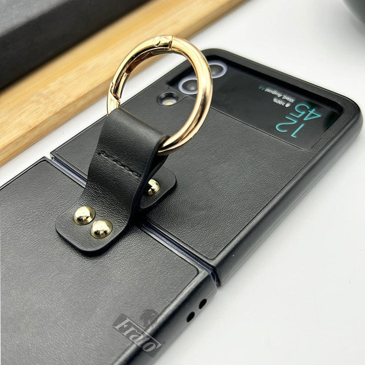 FRATO Flip 4 Collection Samsung Galaxy Z Flip 4 Pu Leather Shockproof Case Cover With Metal Ring Holder (Black)