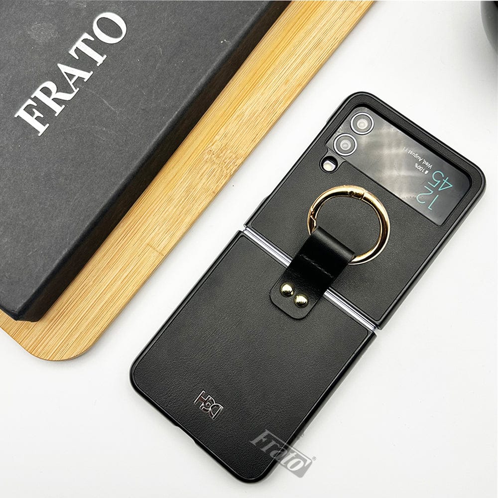 FRATO Flip 4 Collection Samsung Galaxy Z Flip 4 Pu Leather Shockproof Case Cover With Metal Ring Holder (Black)