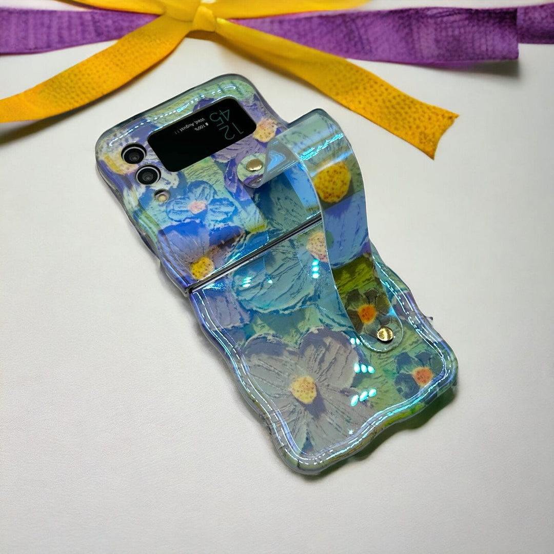 FRATO Flip 4 Collection Samsung Galaxy Z Flip 4 Wavy Design Floral Print Glossy Back Case Cover With With Wriststrap Holder
