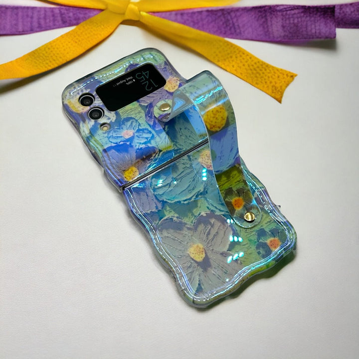 FRATO Flip 4 Collection Samsung Galaxy Z Flip 4 Wavy Design Floral Print Glossy Back Case Cover With With Wriststrap Holder