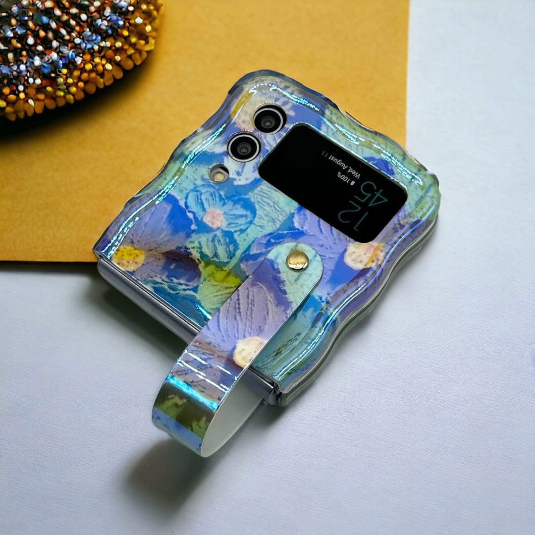 FRATO Flip 4 Collection Samsung Galaxy Z Flip 4 Wavy Design Floral Print Glossy Back Case Cover With With Wriststrap Holder