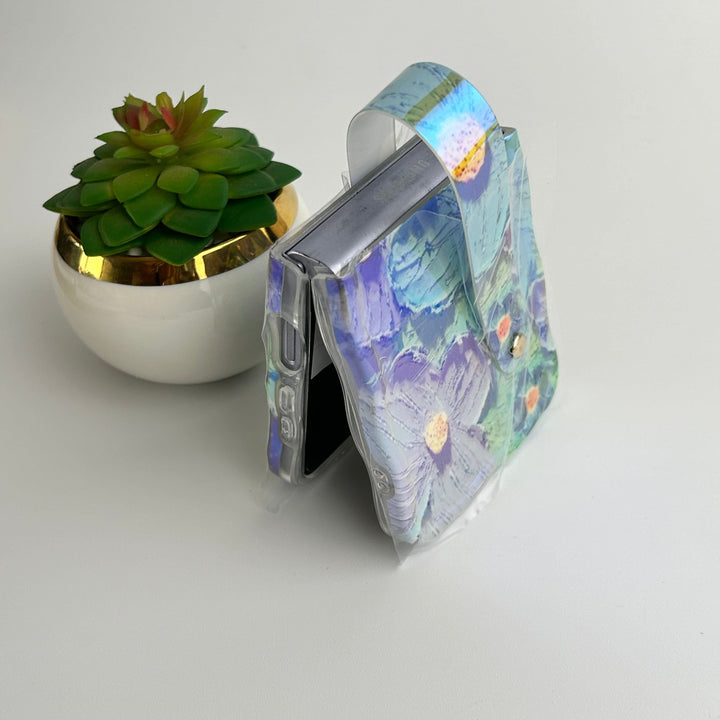 FRATO Flip 4 Collection Samsung Galaxy Z Flip 4 Wavy Design Floral Print Glossy Back Case Cover With Wriststrap Holder