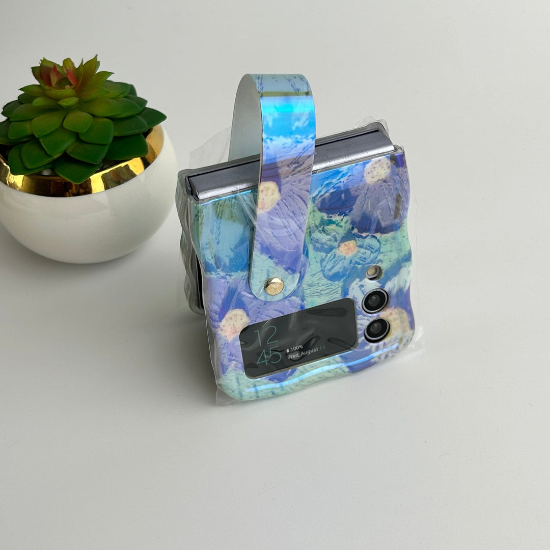 FRATO Flip 4 Collection Samsung Galaxy Z Flip 4 Wavy Design Floral Print Glossy Back Case Cover With Wriststrap Holder