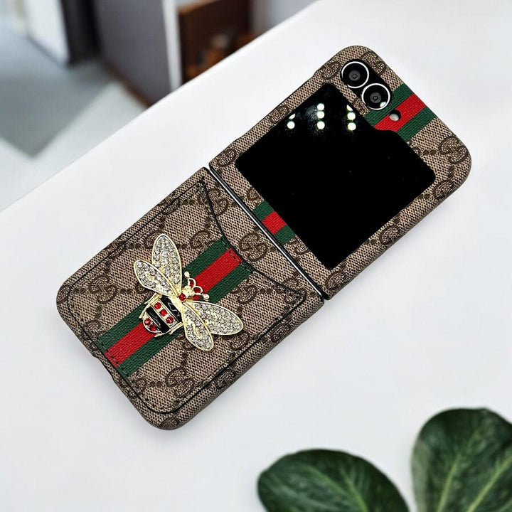 FRATO Flip 5 Collection BEE Stripe Samsung Galaxy Z Flip 5 Luxury GG Brand 3D BEE Design Card Holder Leather Case Cover