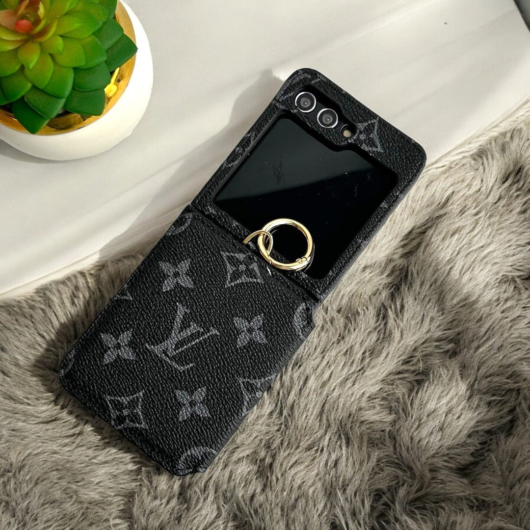 FRATO Flip 5 Collection Black Design Samsung Galaxy Z Flip 5 Luxury Brand Leather Card Holder Case Cover