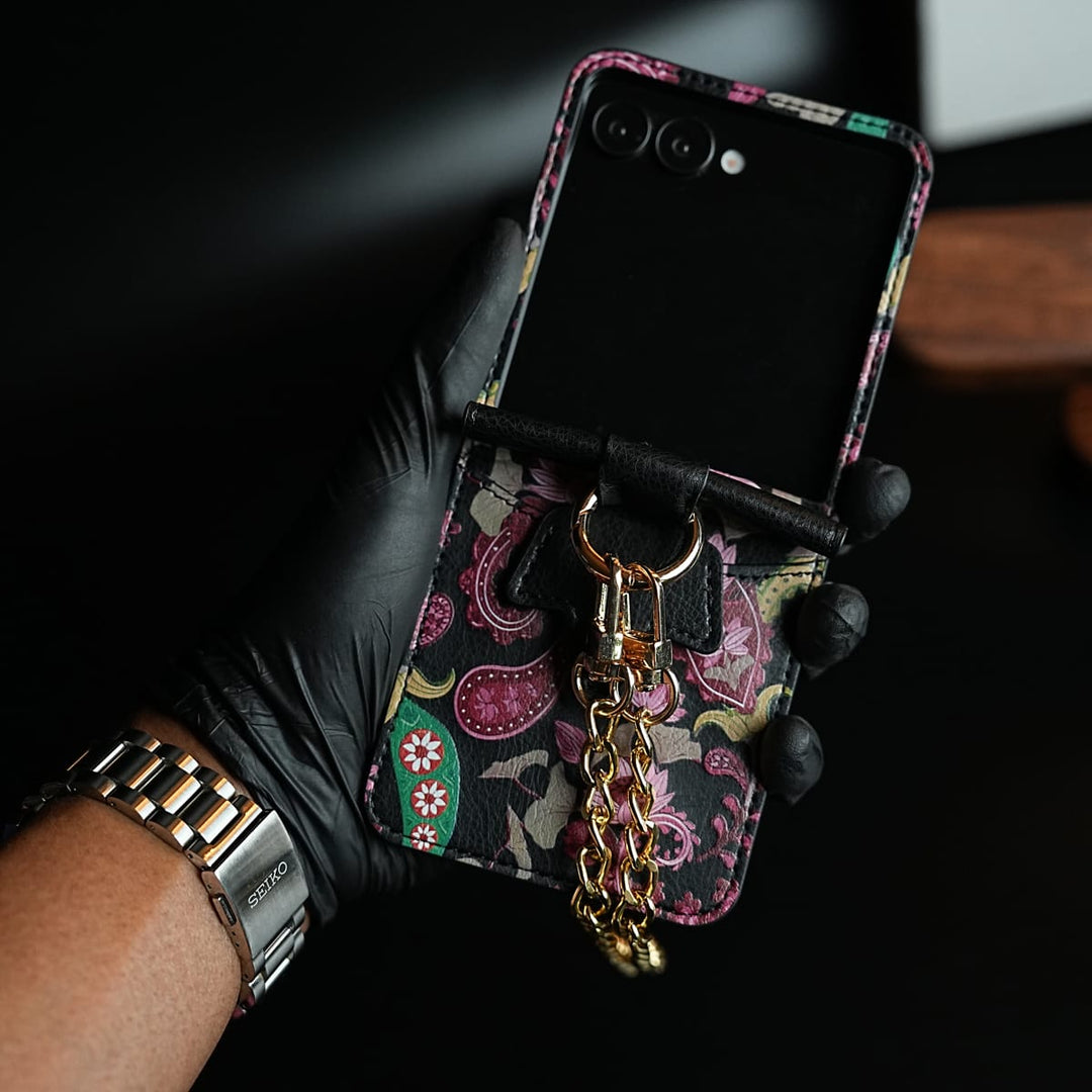 FRATO Flip 5 Collection Black Floral Stitched Leather-Style Case for Galaxy Z Flip 5 | Detachable Chain Strap