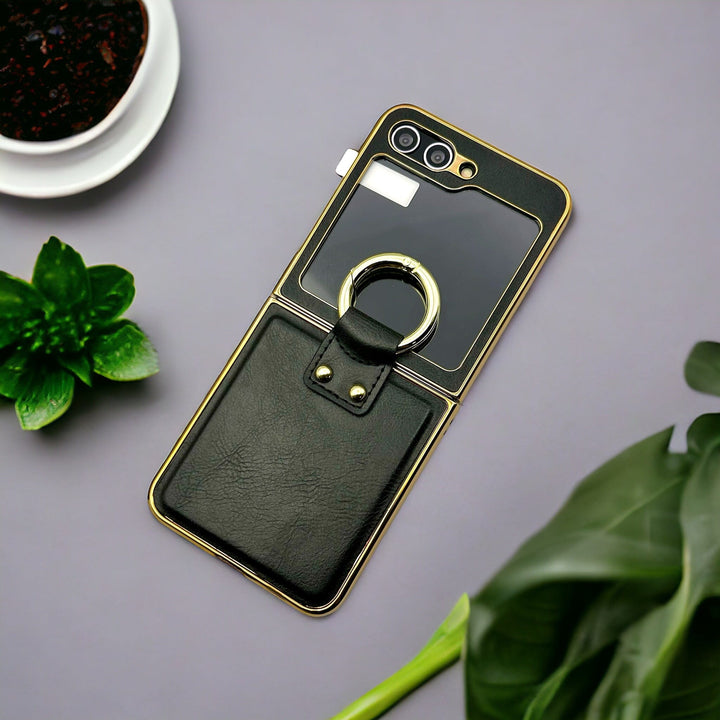 FRATO Flip 5 Collection Black Samsung Galaxy Z Flip 5 Chrome Plated Pu Leather Metal Ring Holder Screen Protector Case Cover