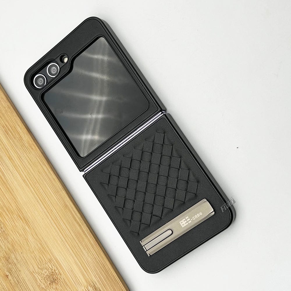 FRATO Flip 5 Collection Black Samsung Galaxy Z Flip 5 PU Leather Checks Grid Pattern Kickstand Case Cover