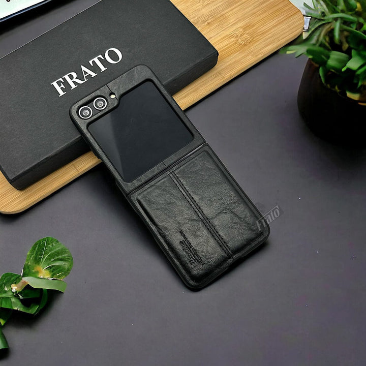 FRATO Flip 5 Collection Black Samsung Galaxy Z Flip 5 PU Leather Stitched Case With Inside Velvet Cover