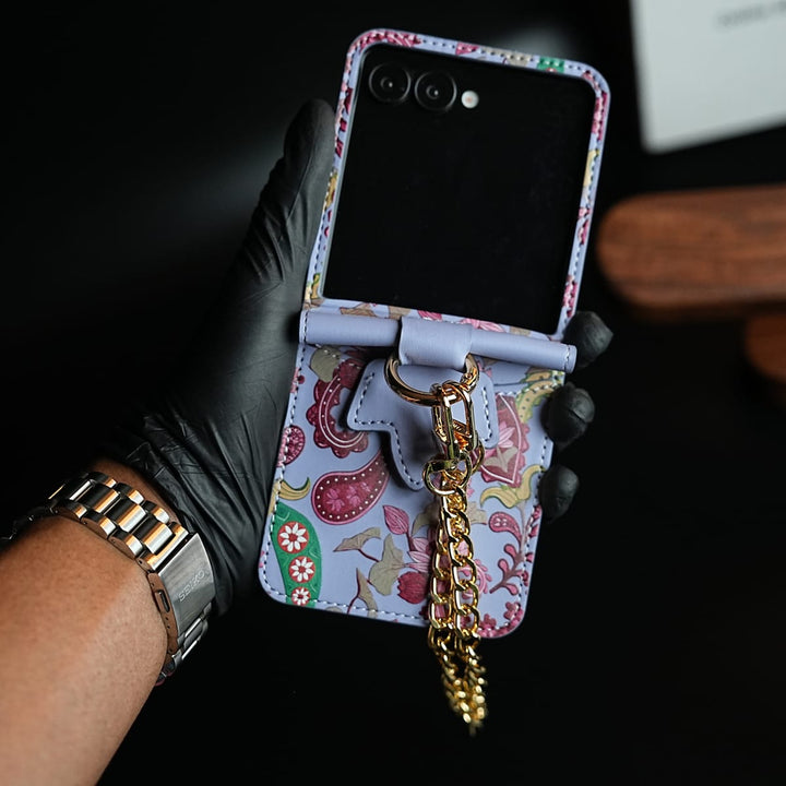FRATO Flip 5 Collection Blue Floral Stitched Leather-Style Case for Galaxy Z Flip 5 | Detachable Chain Strap