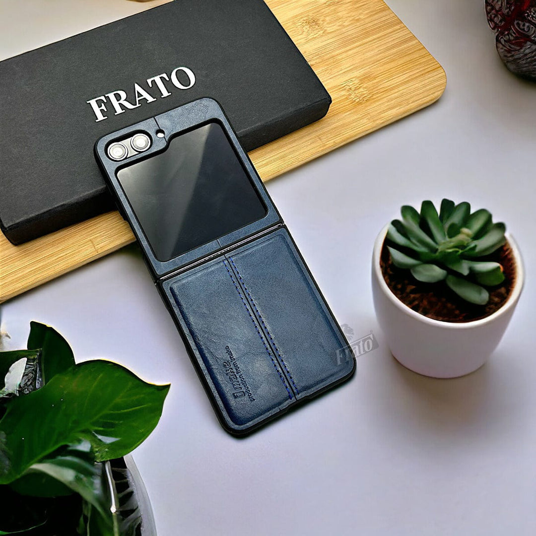 FRATO Flip 5 Collection Blue Samsung Galaxy Z Flip 5 PU Leather Stitched Case With Inside Velvet Cover