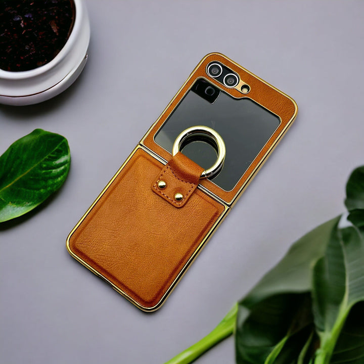 FRATO Flip 5 Collection Brown Samsung Galaxy Z Flip 5 Chrome Plated Pu Leather Metal Ring Holder Screen Protector Case Cover