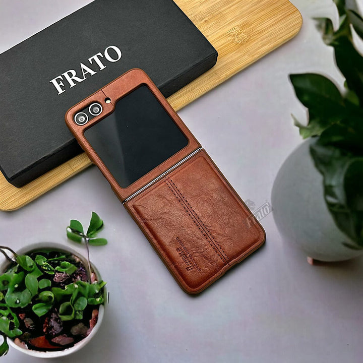 FRATO Flip 5 Collection Brown Samsung Galaxy Z Flip 5 PU Leather Stitched Case With Inside Velvet Cover