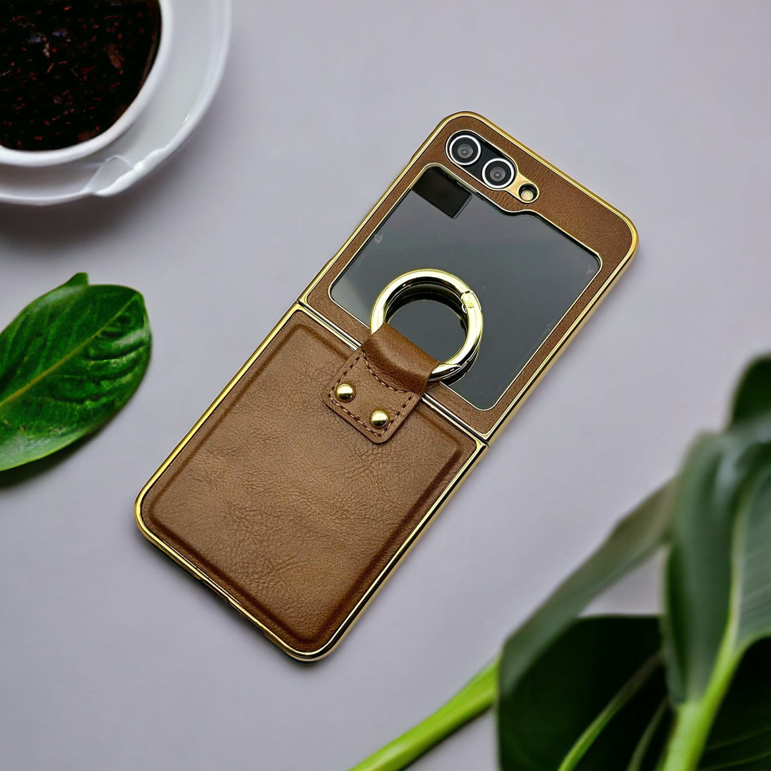 FRATO Flip 5 Collection Dark Brown Samsung Galaxy Z Flip 5 Chrome Plated Pu Leather Metal Ring Holder Screen Protector Case Cover
