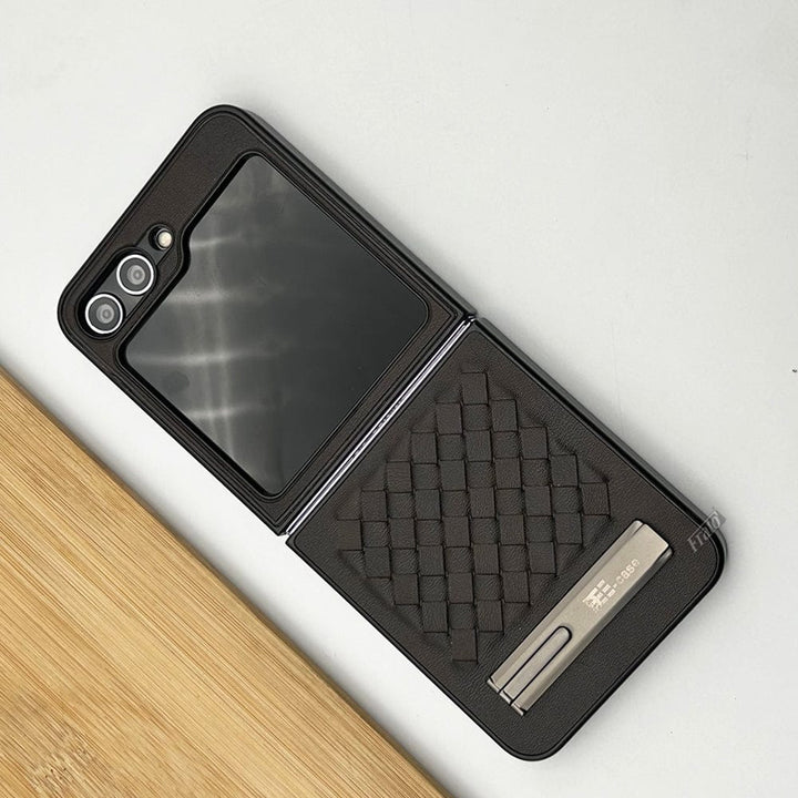 FRATO Flip 5 Collection Dark Brown Samsung Galaxy Z Flip 5 PU Leather Checks Grid Pattern Kickstand Case Cover