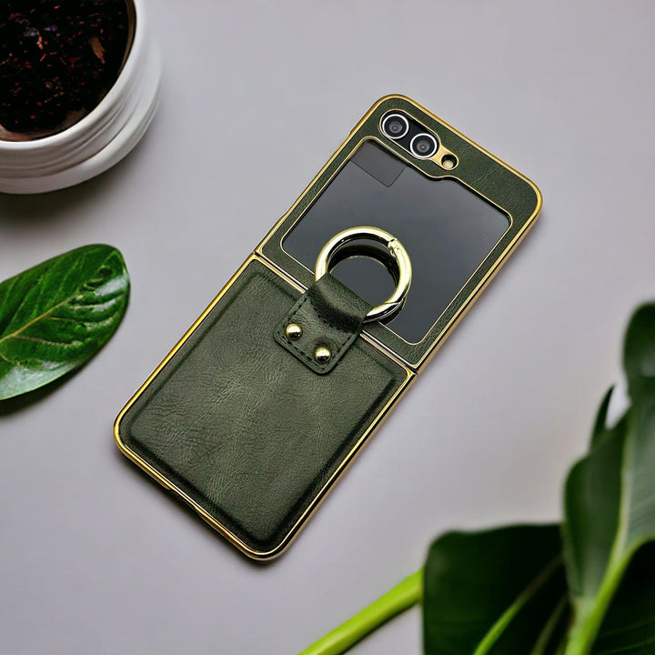 FRATO Flip 5 Collection Green Samsung Galaxy Z Flip 5 Chrome Plated Pu Leather Metal Ring Holder Screen Protector Case Cover