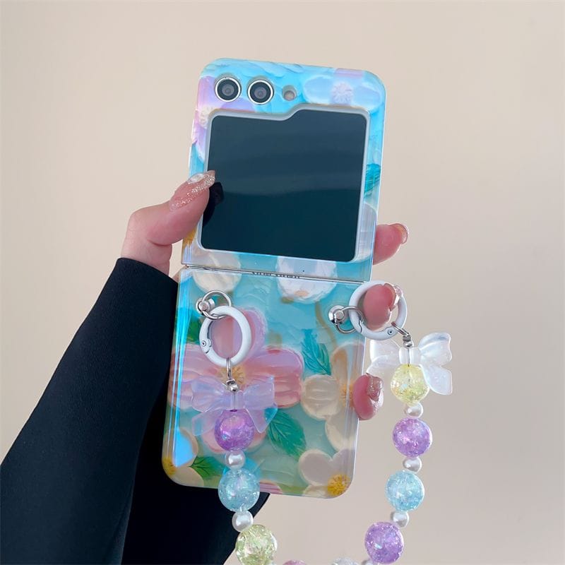 FRATO Flip 5 Collection Green Shade Samsung Galaxy Z Flip 5 Cute Flower Painting Case Cover With Glossy Bow Bracelet