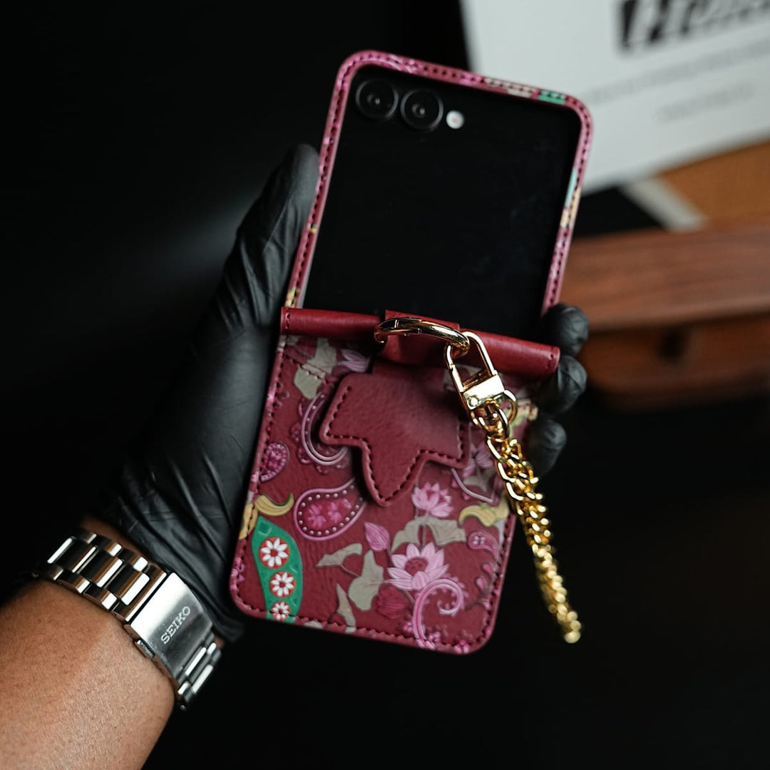 FRATO Flip 5 Collection Maroon Floral Stitched Leather-Style Case for Galaxy Z Flip 5 | Detachable Chain Strap