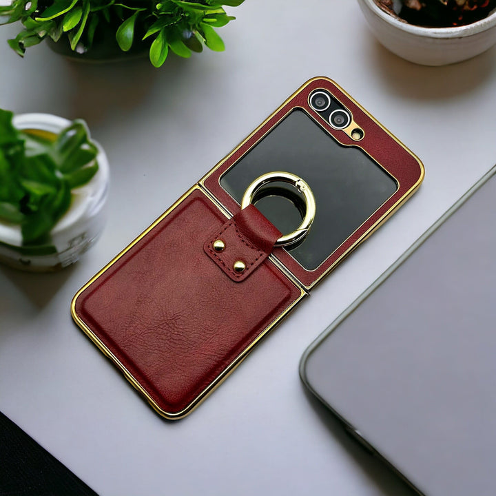 FRATO Flip 5 Collection Maroon Samsung Galaxy Z Flip 5 Chrome Plated Pu Leather Metal Ring Holder Screen Protector Case Cover