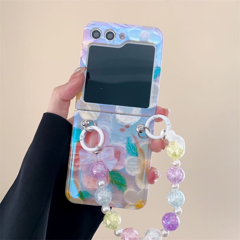 FRATO Flip 5 Collection Pink Shade Samsung Galaxy Z Flip 5 Cute Flower Painting Case Cover With Glossy Bow Bracelet