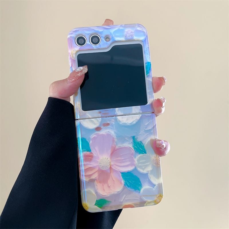 FRATO Flip 5 Collection Purple Shade Samsung Galaxy Z Flip 5 Cute Flower Painting Case Cover With Glossy Bow Bracelet