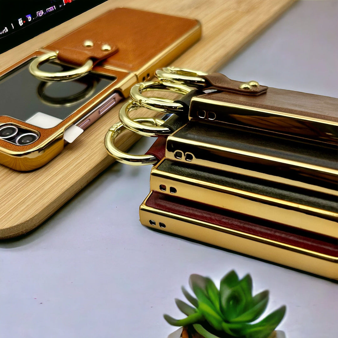 FRATO Flip 5 Collection Samsung Galaxy Z Flip 5 Chrome Plated Pu Leather Metal Ring Holder Screen Protector Case Cover