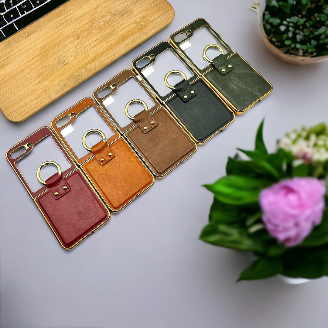FRATO Flip 5 Collection Samsung Galaxy Z Flip 5 Chrome Plated Pu Leather Metal Ring Holder Screen Protector Case Cover