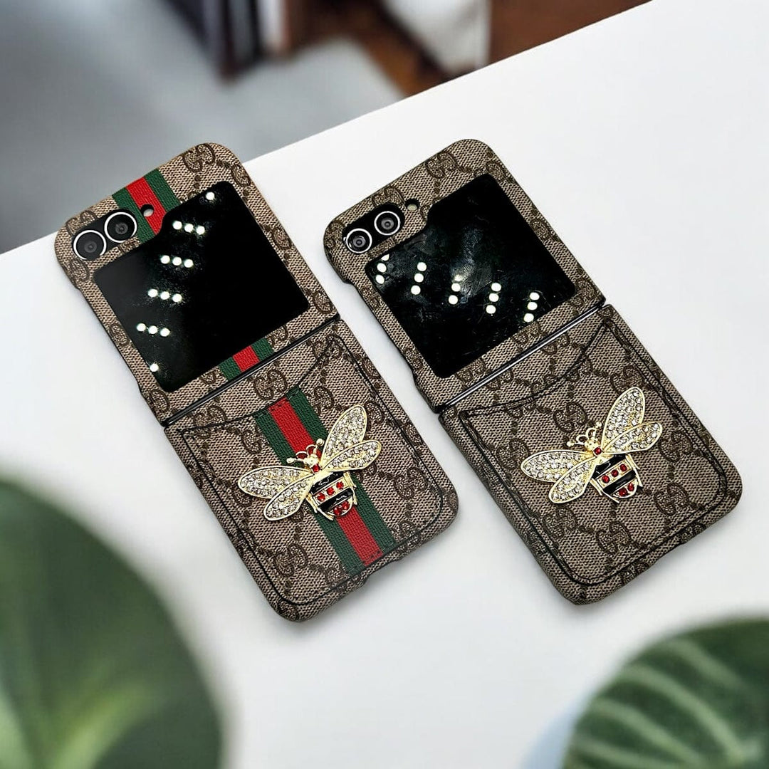 FRATO Flip 5 Collection Samsung Galaxy Z Flip 5 Luxury GG Brand 3D BEE Design Card Holder Leather Case Cover