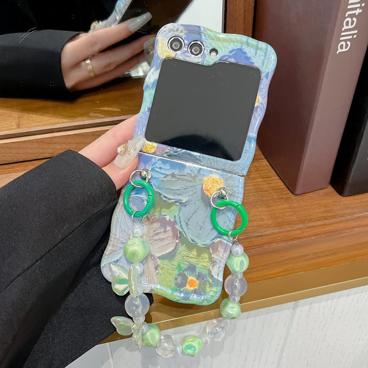 FRATO Flip 5 Collection Samsung Galaxy Z Flip 5 Wavy Design Floral Print Glossy Back Case Cover With Crystal Pearl Chain