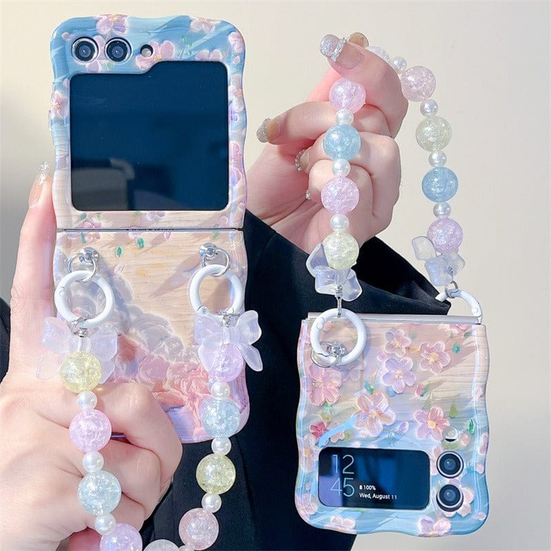 FRATO Flip 5 Collection Samsung Galaxy Z Flip Series Floral Print Glossy Case With Crystal Pearl Chain