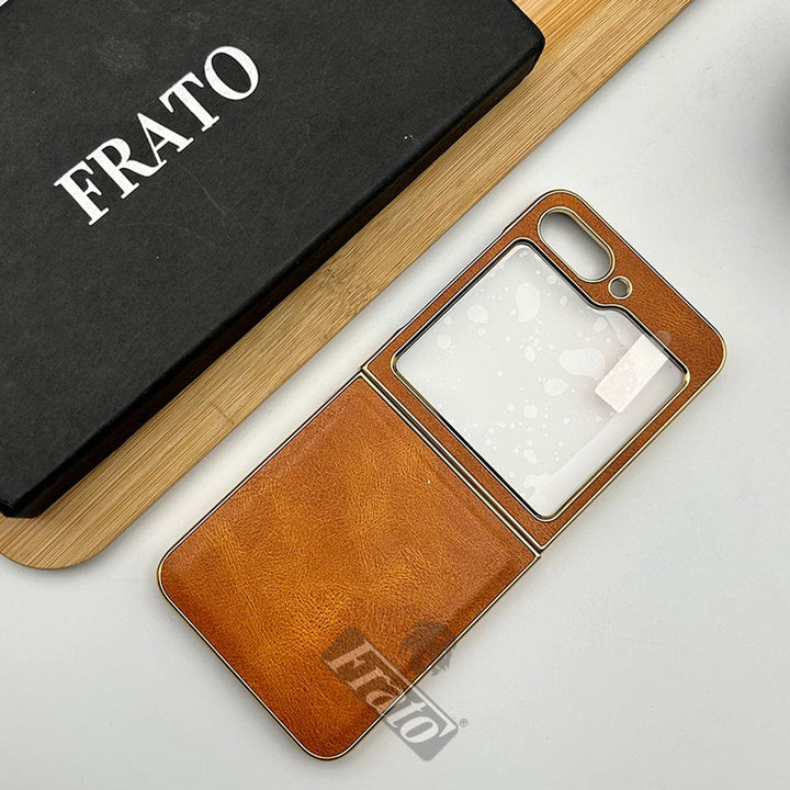 FRATO Flip 5 Collection Tan Brown Samsung Galaxy Z Flip 5 PU Leather Chrome Plated Case Cover