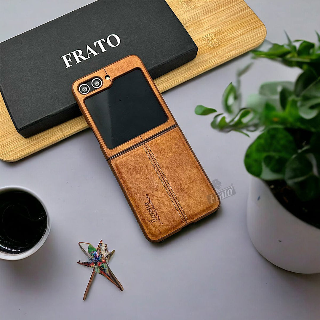 FRATO Flip 5 Collection Tan Brown Samsung Galaxy Z Flip 5 PU Leather Stitched Case With Inside Velvet Cover