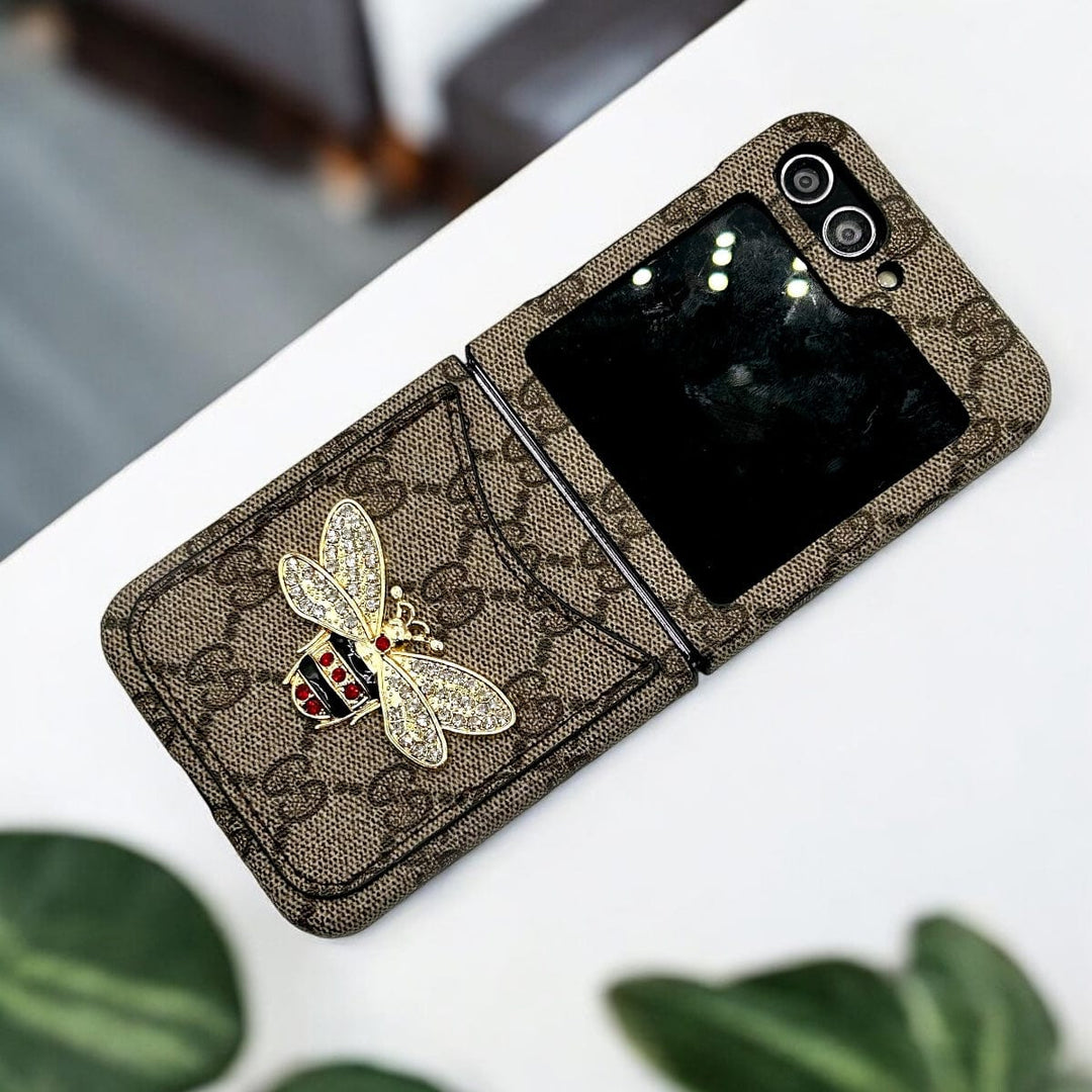 FRATO Flip 6 Collection BEE Samsung Galaxy Z Flip 6 Luxury GG 3D BEE Design Card Holder Leather Case Cover