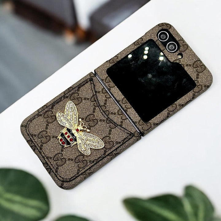 FRATO Flip 6 Collection BEE Samsung Galaxy Z Flip 6 Luxury GG 3D BEE Design Card Holder Leather Case Cover