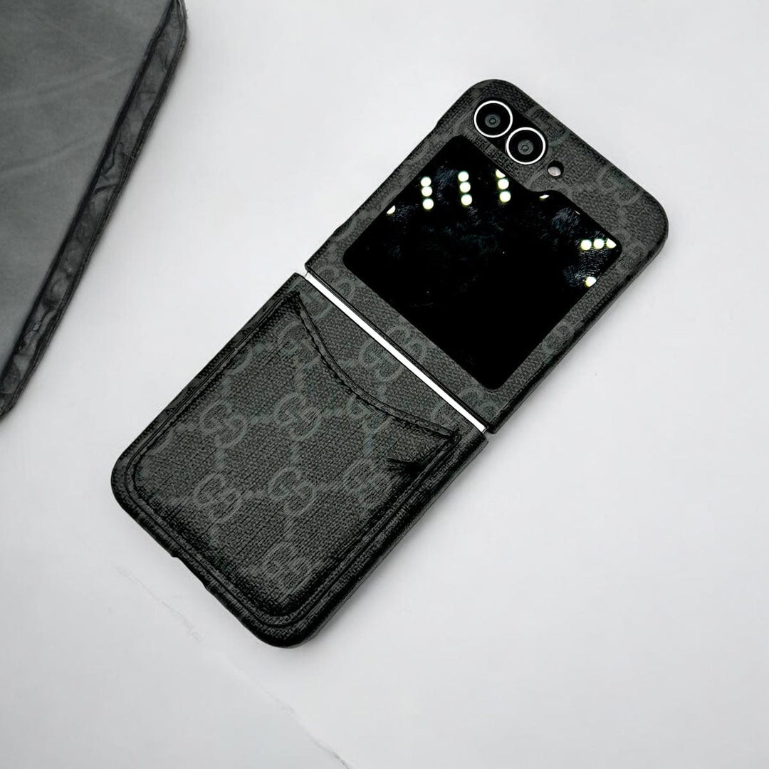 FRATO Flip 6 Collection Black Pattern Samsung Galaxy Z Flip 6 GG Design Card Holder Leather Case Cover