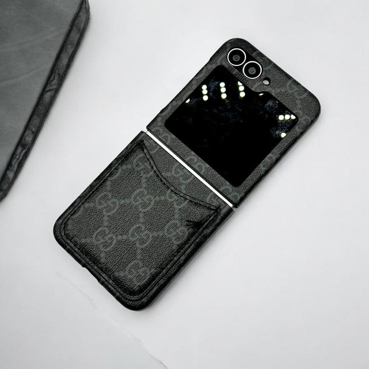 FRATO Flip 6 Collection Black Pattern Samsung Galaxy Z Flip 6 GG Design Card Holder Leather Case Cover