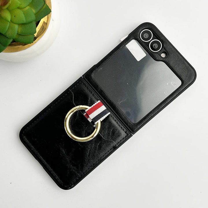 FRATO Flip 6 Collection Black Samsung Galaxy Z Flip 6 PU Leather Card Holder Loop Front Screen Protector Case Cover