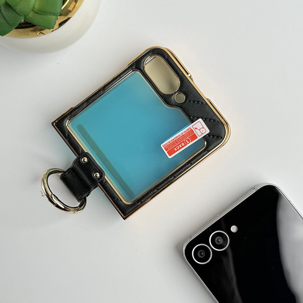 FRATO Flip 6 Collection Black Samsung Galaxy Z Flip 6 PU Leather Puff Design Front Glass Case With Sling