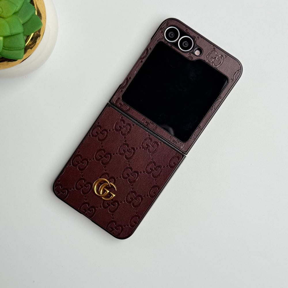 Frato Flip 6 Collection Brown Samsung Galaxy Z Flip 6 Luxury GG Fashion Leather Brand Case Cover