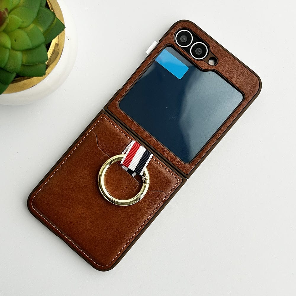 FRATO Flip 6 Collection Brown Samsung Galaxy Z Flip 6 PU Leather Card Holder Loop Front Screen Protector Case Cover