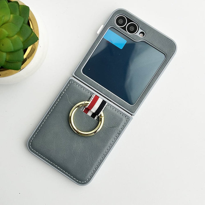 FRATO Flip 6 Collection Gray Samsung Galaxy Z Flip 6 PU Leather Card Holder Loop Front Screen Protector Case Cover